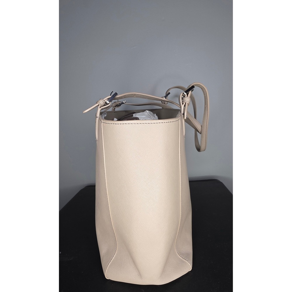 Tory Burch Emerson Saffiano Leather Tote Bag Beige Shoulder Bag Silver Hardware - Picture 2 of 8